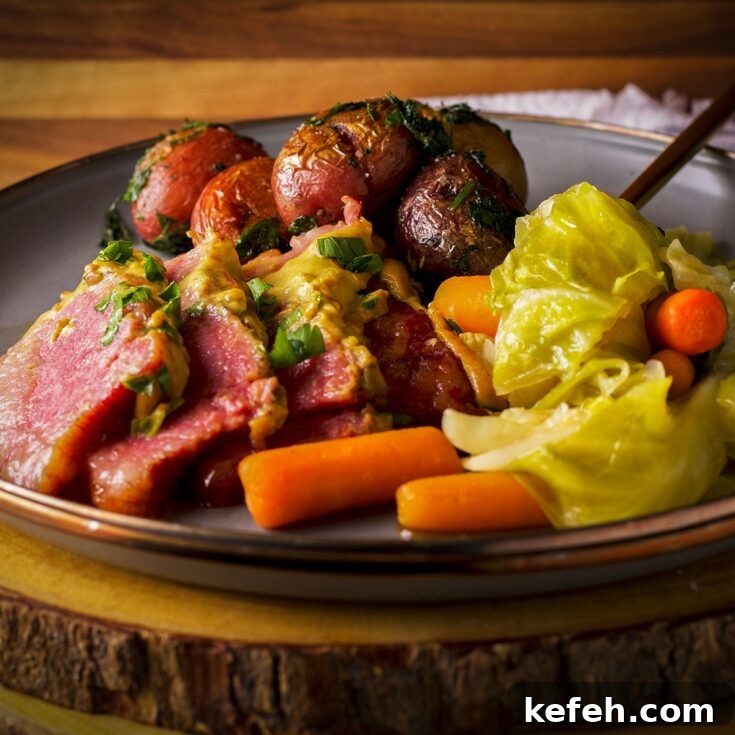 A plate filled with corned beef and cabbage with mustard sauce, carrots, and parsley buttered potatoes.