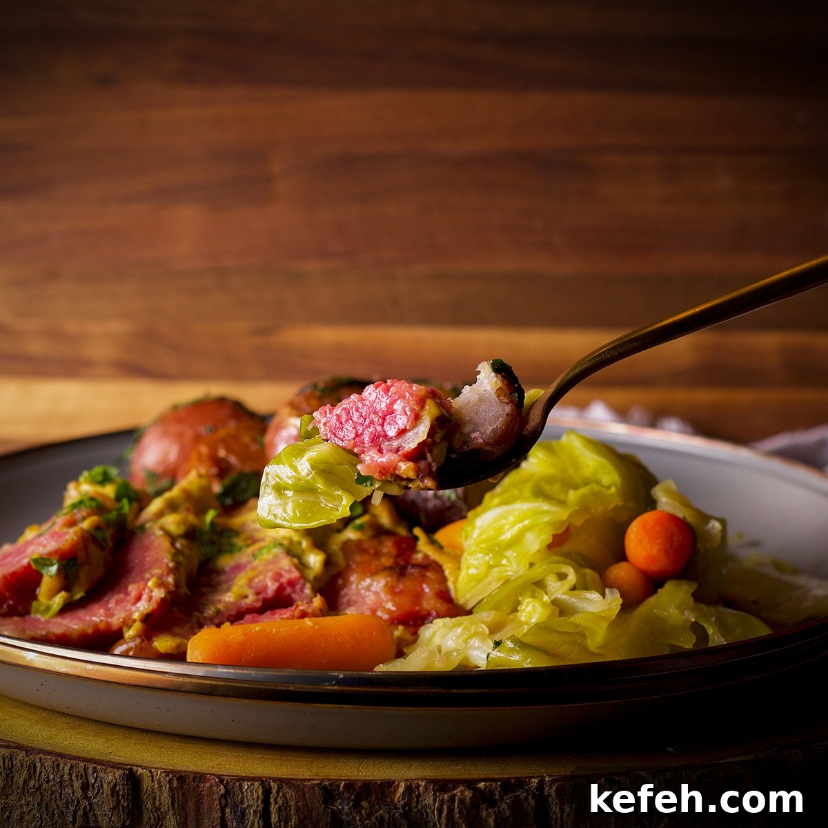 Corned Beef and Cabbage with Tangy Mustard Sauce (Instant Pot or Slow Cooker) 3 Someone using a fork to take a bite of Instant Pot corned beef and cabbage with mustard sauce.