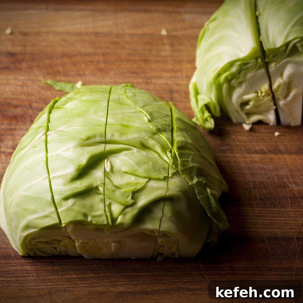 Corned Beef and Cabbage with Tangy Mustard Sauce (Instant Pot or Slow Cooker) 6 A cabbage on a cutting board that's been cut into 8 wedges.