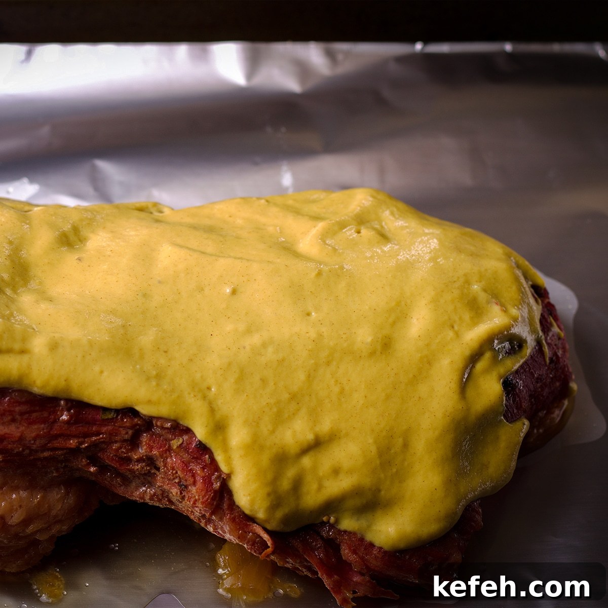 Corned Beef and Cabbage with Tangy Mustard Sauce (Instant Pot or Slow Cooker) 7 Someone spreading mustard sauce on a cooked corned beef on a baking sheet.