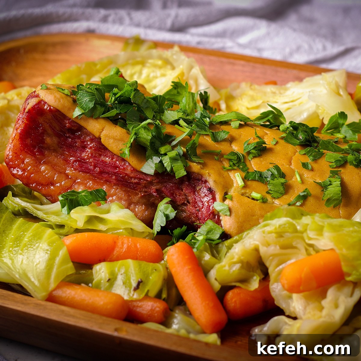 Corned Beef and Cabbage with Tangy Mustard Sauce (Instant Pot or Slow Cooker) 8 Corned beef covered in mustard sauce and surrounded by cooked cabbage and carrots.