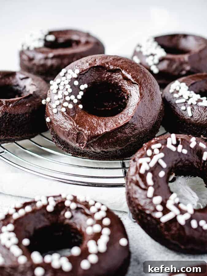 Vegan Baked Chocolate Fudge Doughnuts Recipe 11 chocolate donuts on a wire rack with white sprinkles