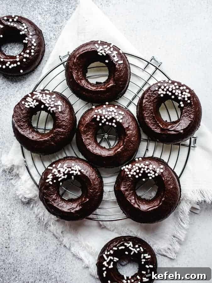 Vegan Baked Chocolate Fudge Doughnuts Recipe 12 plant-based chocolate fudge donuts on a wire cooling rack with a white napkin beneath