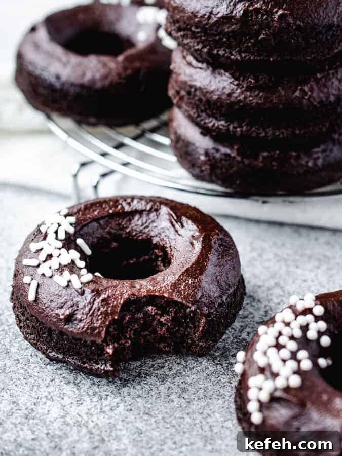 Vegan Baked Chocolate Fudge Doughnuts Recipe 5 best vegan chocolate donut with a bite taken out