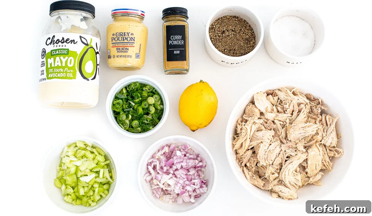 Curried Chicken Salad with Grapes & Toasted Almonds 3 curry chicken salad ingredients on counter