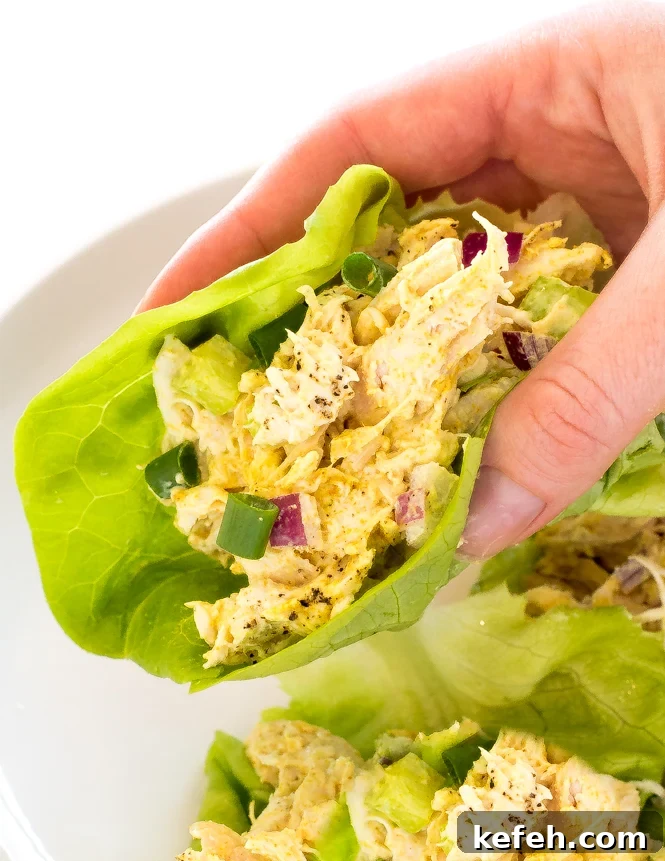 Curried Chicken Salad with Grapes & Toasted Almonds 8 Hand holding Curry chicken Salad in lettuce wraps.