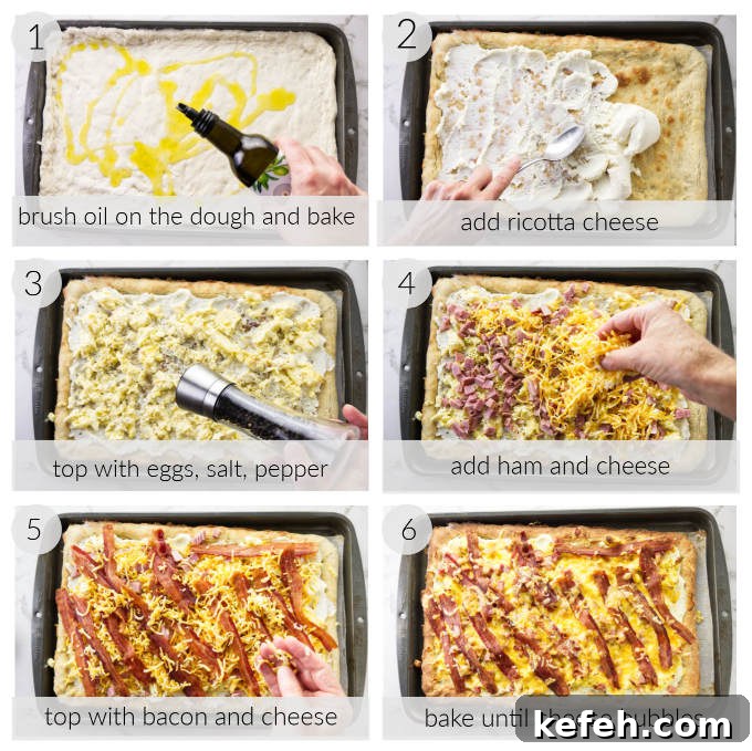 A collage of six photos showing how to make breakfast pizza.