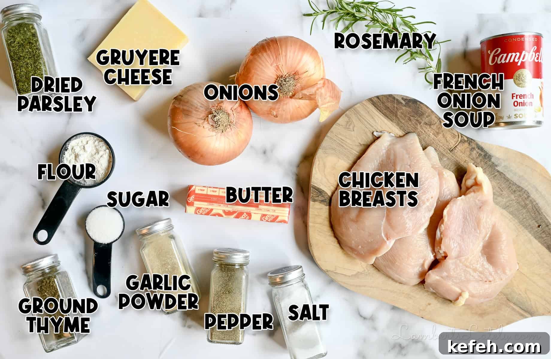 French Onion Chicken Casserole with Melted Gruyère 3 ingredients for french onion chicken bake.
