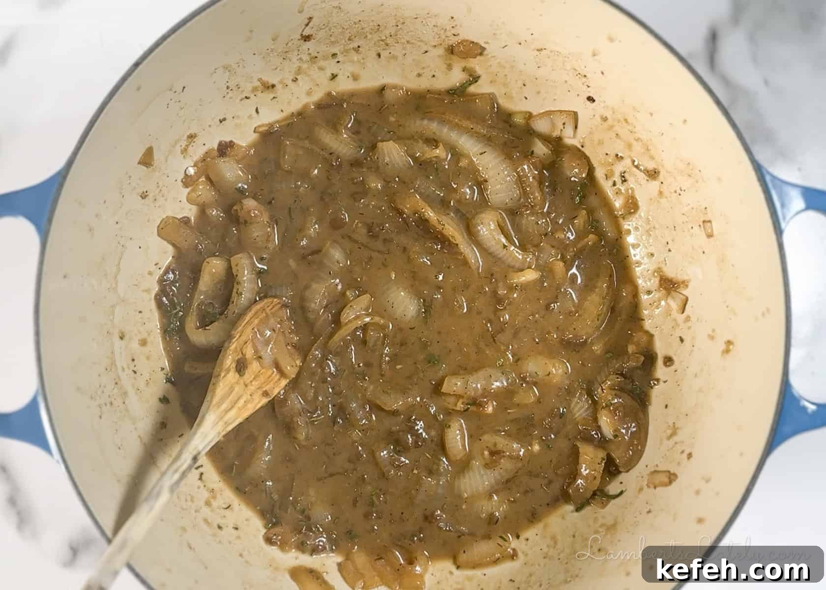French Onion Chicken Casserole with Melted Gruyère 6 stirring french onion sauce.