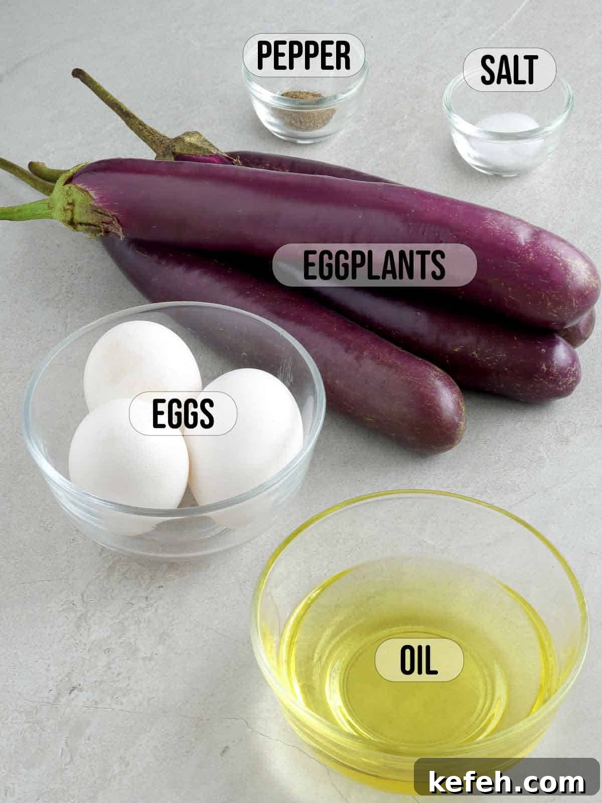 eggplants, eggs, canola oil, salt, and pepper.