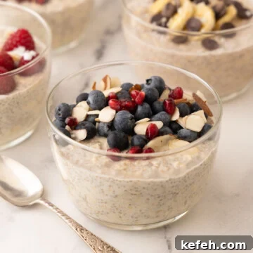 A single bowl of healthy overnight oats with blueberries and pomegranates seeds.