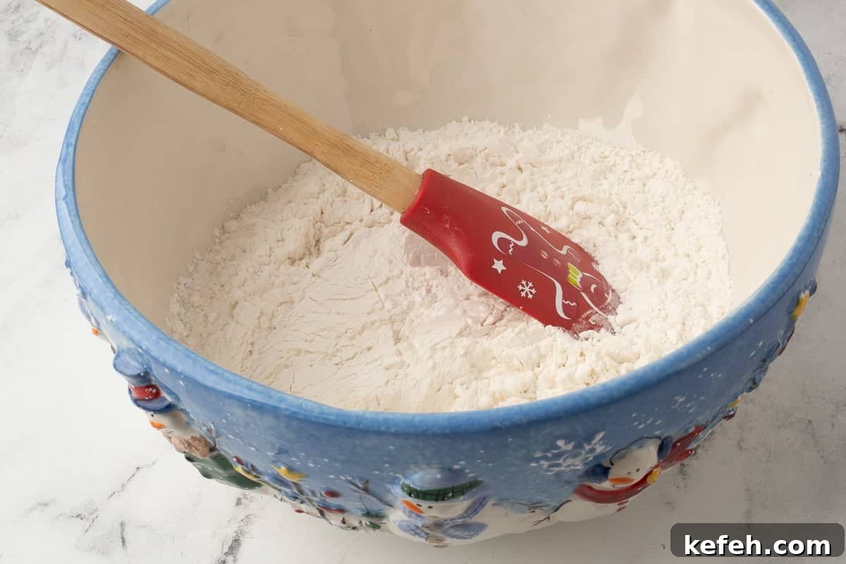 Dry ingredients in mixing bowl with spatula.