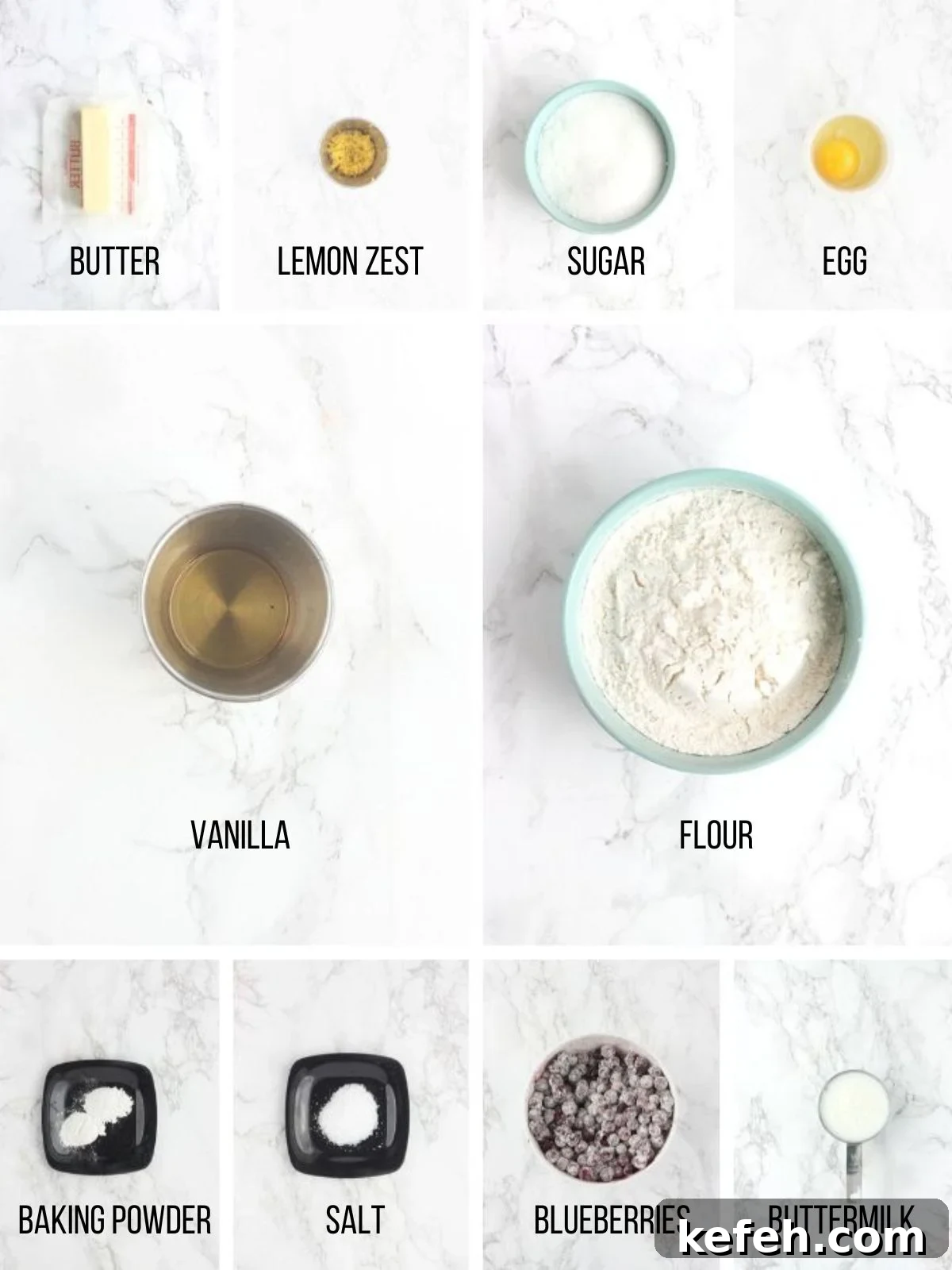 Collage of ingredients needed to make buttermilk blueberry muffins.