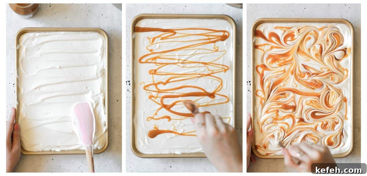 Salted Caramel Coffee Ice Cream Sandwiches Recipe 5 Three steps to making no-churn caramel swirl ice cream. In photo 1, a hand uses a rubber spatula to spread ice cream base into a sheet pan. In photo 2, a hand drizzles caramel over the ice cream. In photo 3, a hand uses a toothpick to swirl the ice cream.