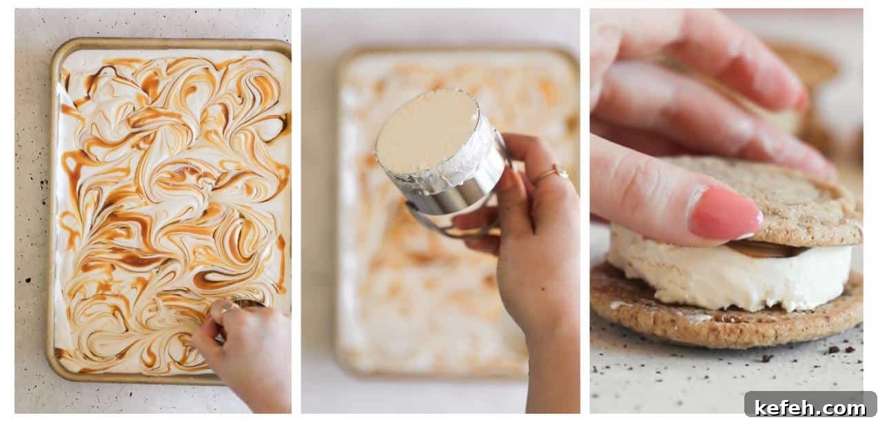 Salted Caramel Coffee Ice Cream Sandwiches Recipe 6 Three steps to making caramel coffee ice cream sandwiches. In photo 1, a hand is using a cookie cutter to cut ice cream out of a sheet pan. In photo 2, the hand is holding the cookie cutter. In photo 3, a hand is sandwiching the ice cream between 2 cookies.