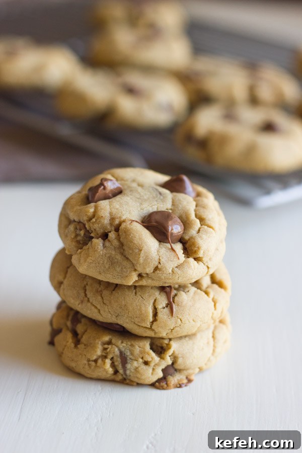 Peanut Butter Cookies with Chocolate-Peanut Butter Filled Chips 3 Peanut Butter Cookies With Peanut Butter Filled Chocolate Chips stacked in a pile of three, with more cookies on a cooling rack in the background.