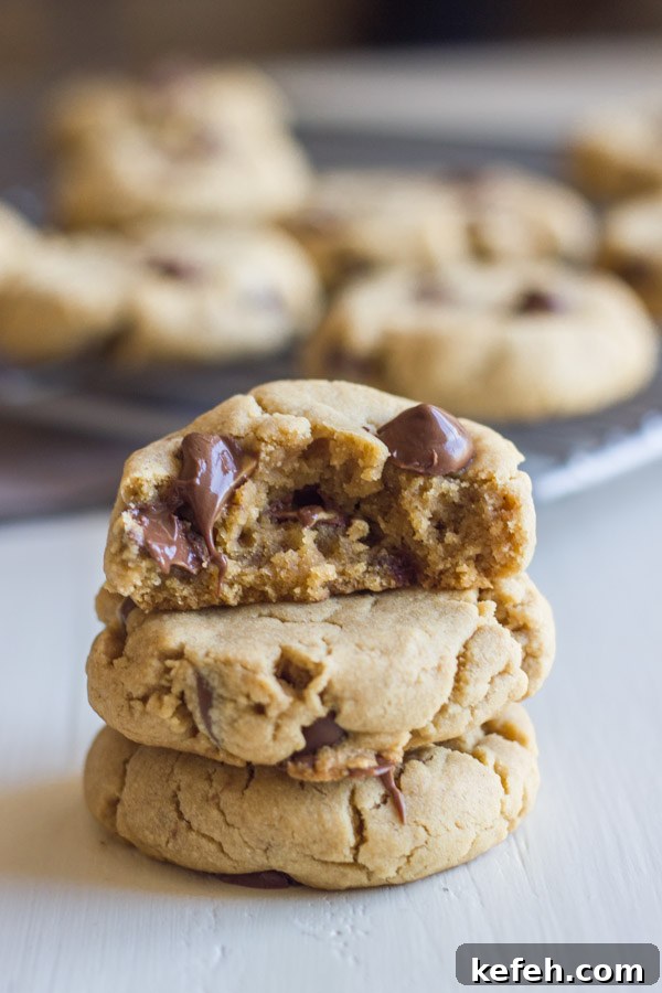 Peanut Butter Cookies with Chocolate-Peanut Butter Filled Chips 4 Peanut Butter Cookies With Peanut Butter Filled Chocolate Chips stacked in a pile of three, with the top one being a half of a cookie.
