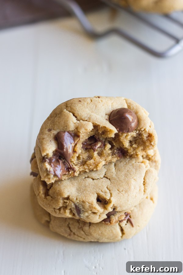 Peanut Butter Cookies with Chocolate-Peanut Butter Filled Chips 5 Peanut Butter Cookies With Peanut Butter Filled Chocolate Chips stacked in a pile of three, with the top one being a half of a cookie.