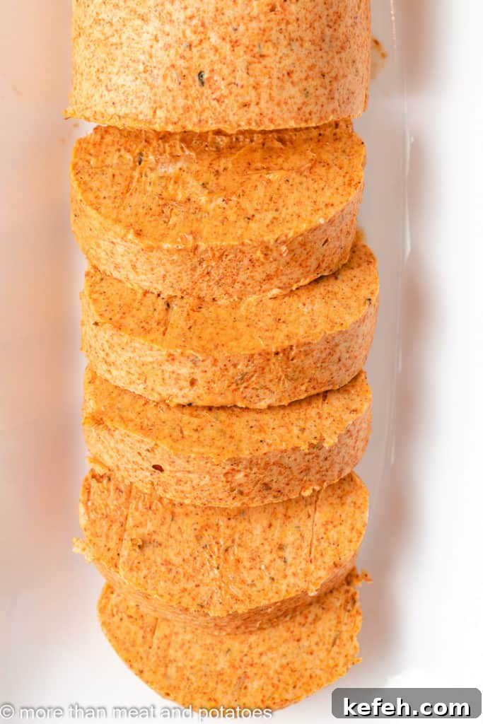 Top down view of compound butter sliced.