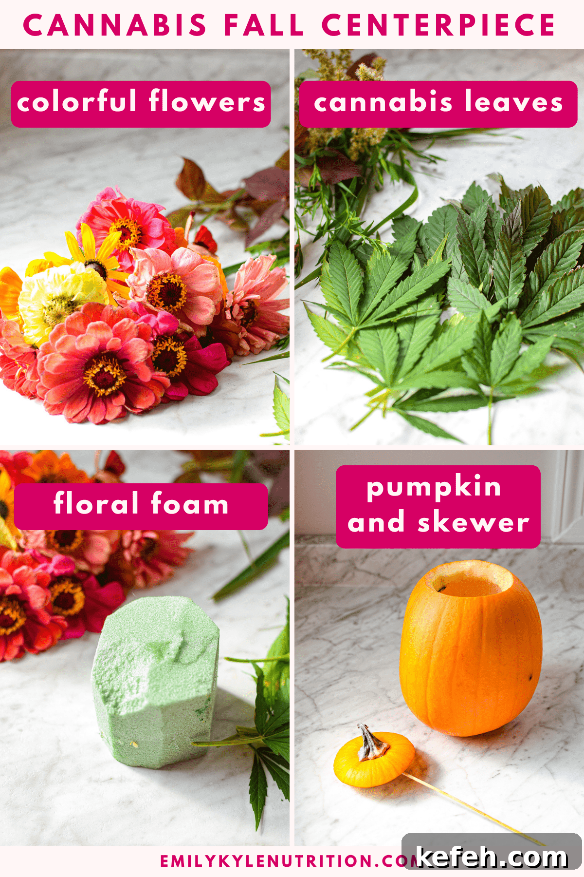 Cannabis-Inspired Fall Centerpiece Ideas for Seasonal Decor 4 A four image collage showing the items needed to make a cannabis fall centerpiece including colorful flowers, cannabis leaves, floral foam, and a pumpkin with a skewer