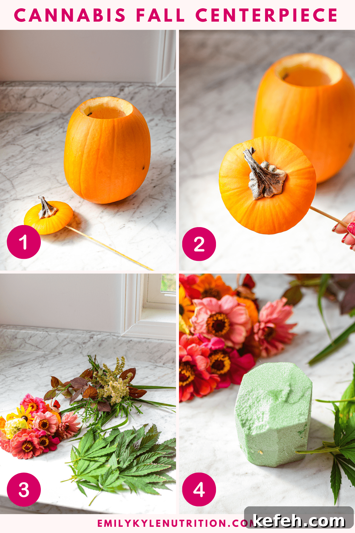 Cannabis-Inspired Fall Centerpiece Ideas for Seasonal Decor 5 A four image collage showing a hollowed out pumpkin, a pumpkin top with a skewer in it, a white countertop with flowers, and a white countertop with floral craft foam.
