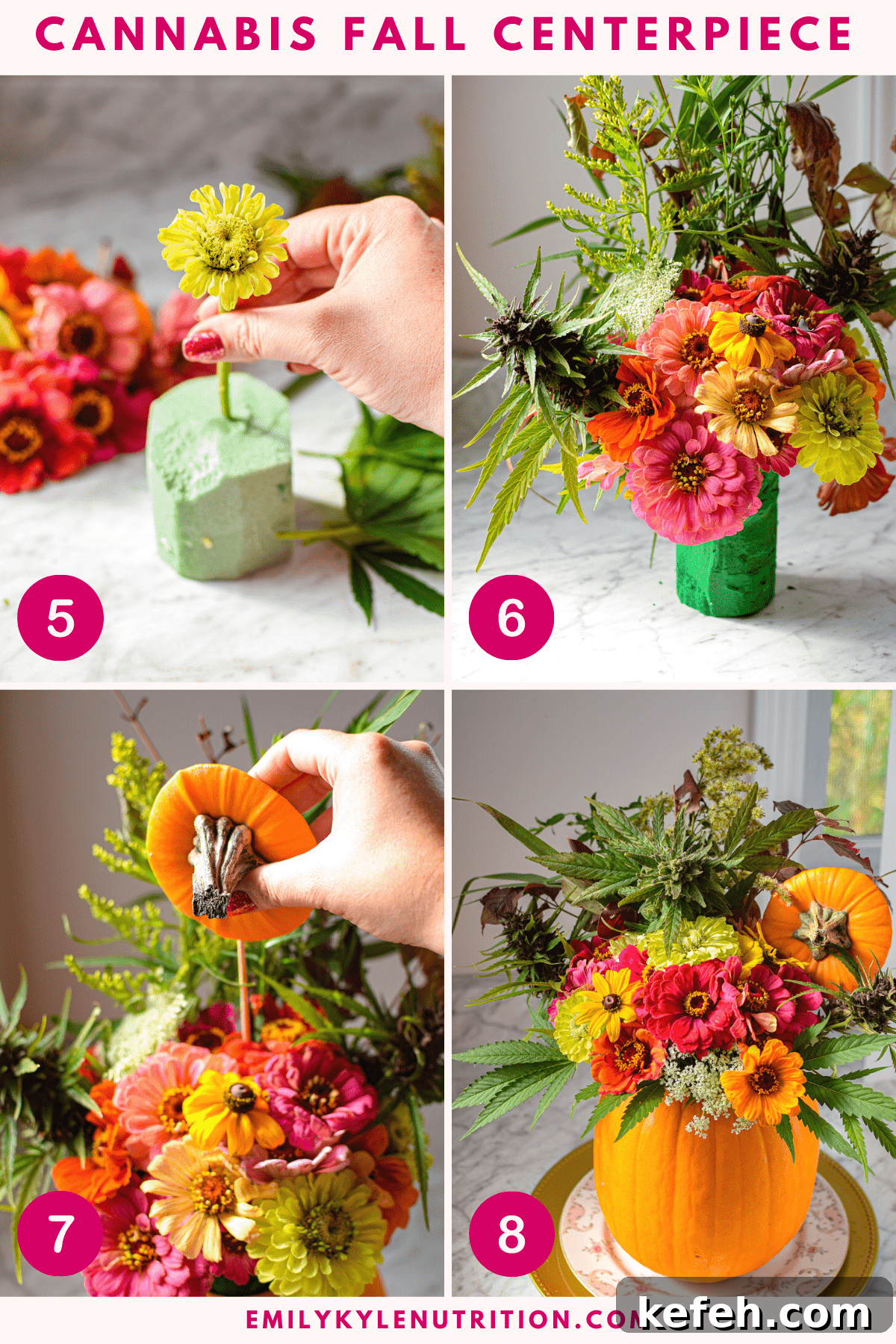 Cannabis-Inspired Fall Centerpiece Ideas for Seasonal Decor 6 A four image collage showing putting the flowers in the floral foam, placing the skewered pumpkin top in the arrangement, and the final arrangement.