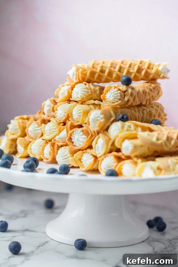 rolled pizzelle with cream that were made with a pizzelle maker called trubochki in Russian