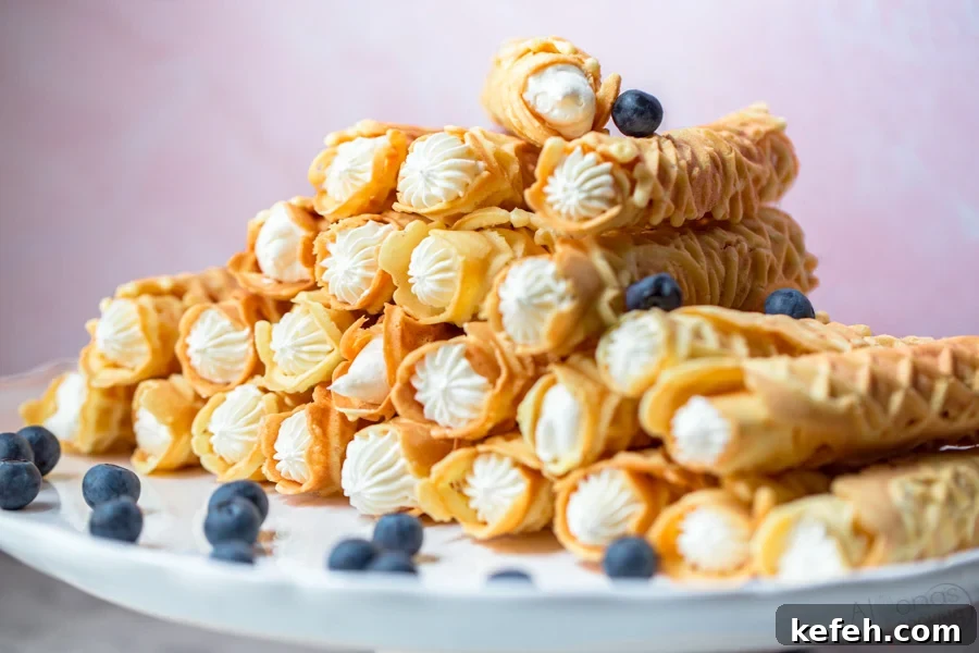 cream filled Pizzelles on a cake stand with blueberries