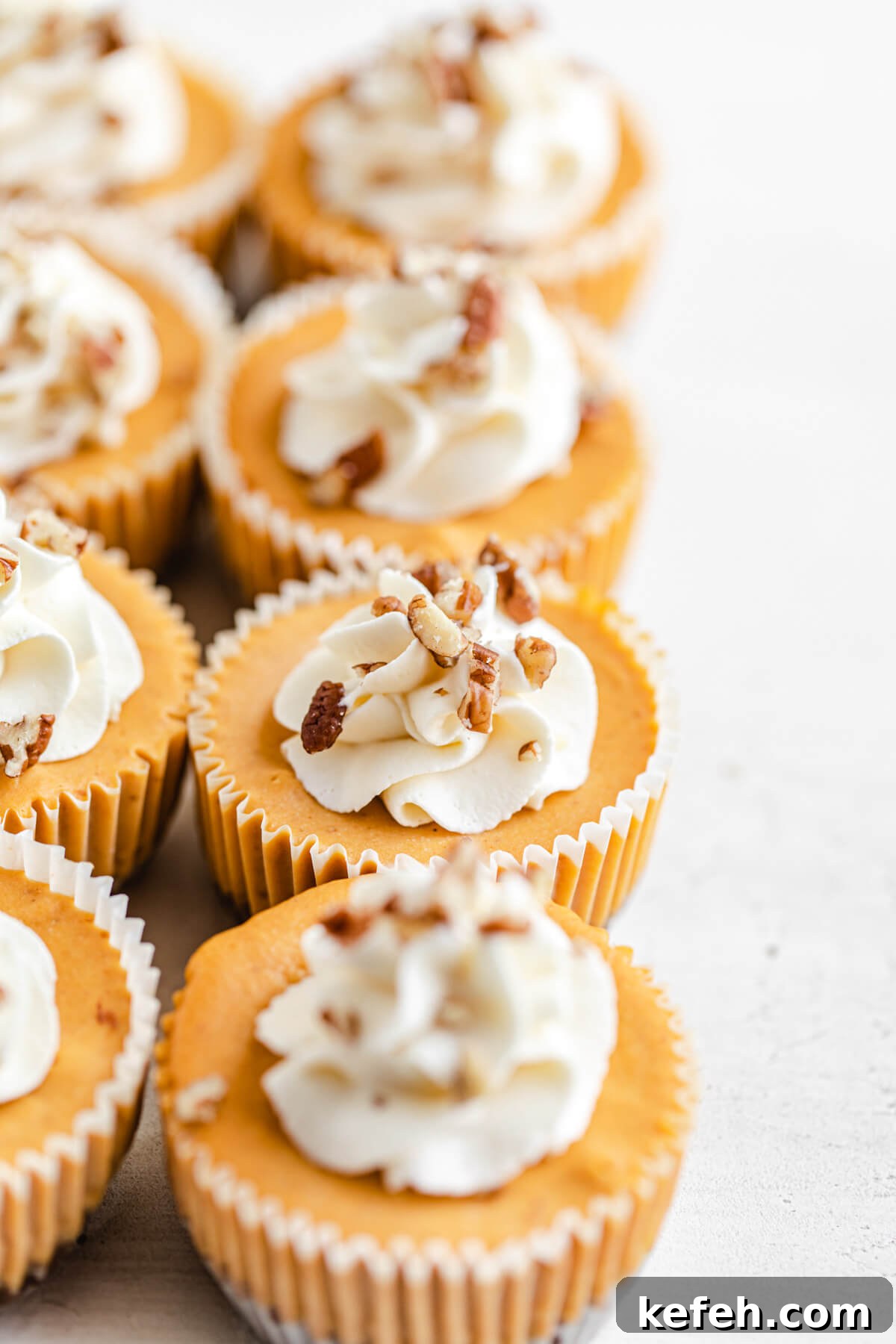 row of mini cheesecakes with whipped cream on top