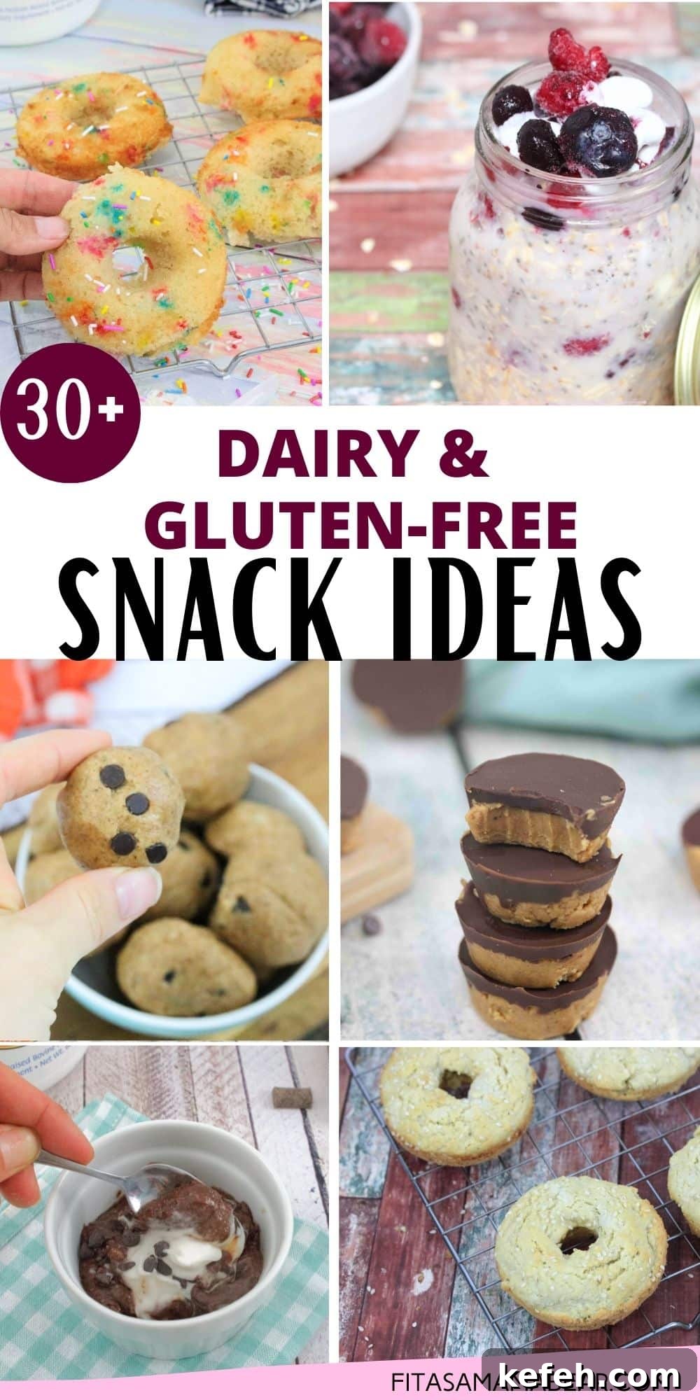 Pin image with text about dairy and gluten free snacks and six images of snacks like bagels, dairy-free oatmeal, gluten-free chocolate pudding