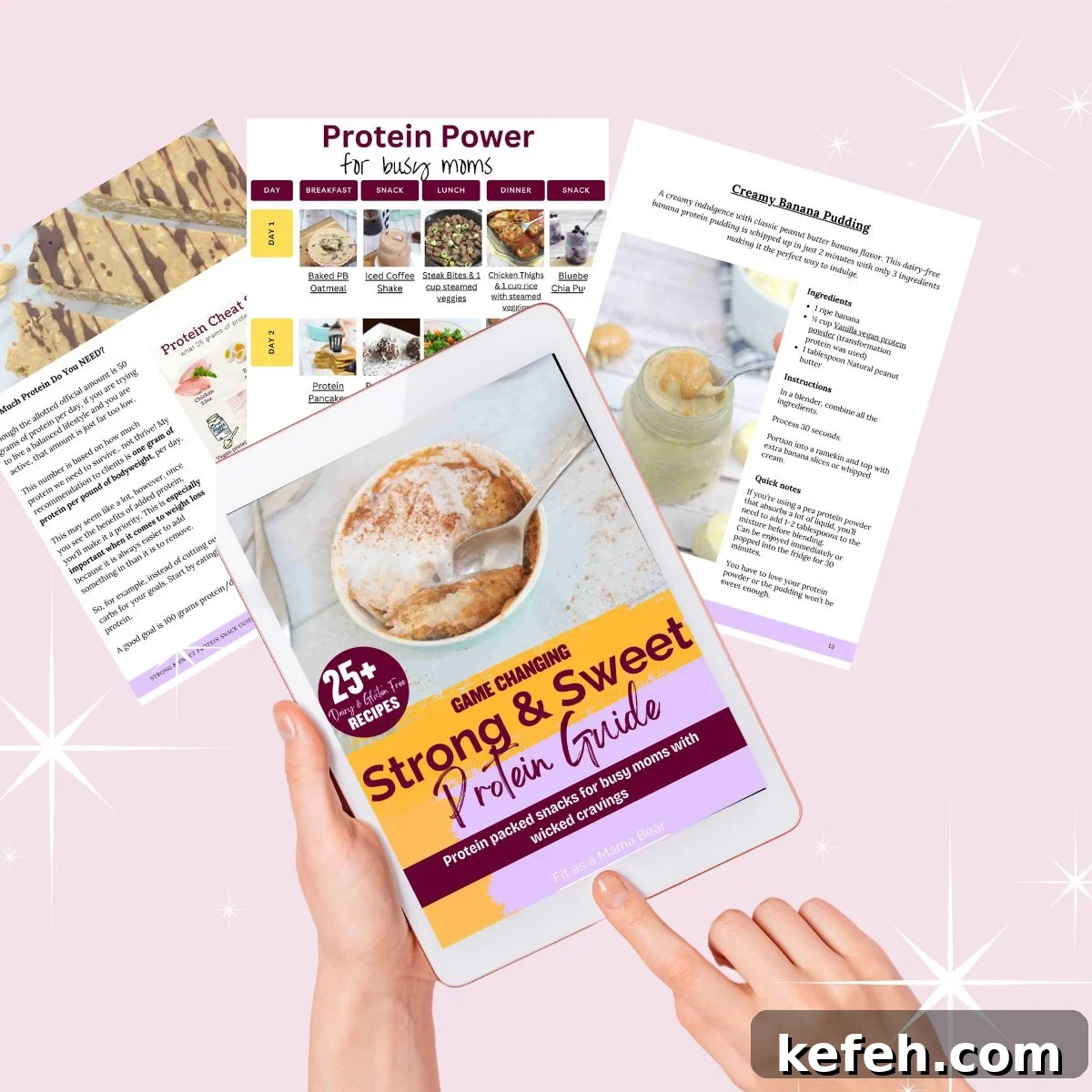 Promotion image with an e-book in front and two hands holding it with pages behind it.