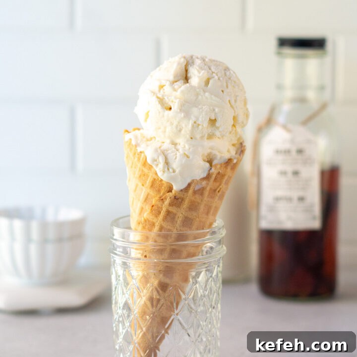 a sugar cone filled with scoops of mexican vanilla ice cream.