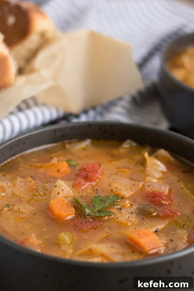 Hearty Vegan Cabbage Soup Recipe with Savory Herbs 7 A bowl of vegan cabbage soup in a black bowl with bread in the background