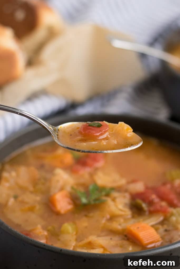 Hearty Vegan Cabbage Soup Recipe with Savory Herbs 8 Vegan Cabbage Soup- a spoonful of delicious vegan cabbage soup hovering over a black bowl.
