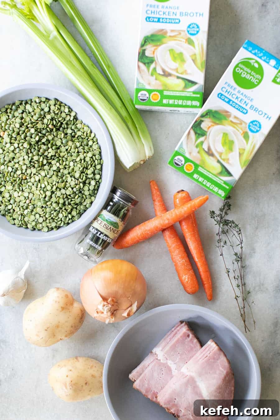 Creamy Split Pea Soup Recipe with Ham and Carrots 3 Carrots, dried peas, bay leaf, chicken broth, ham, onion, potatoes and garlic