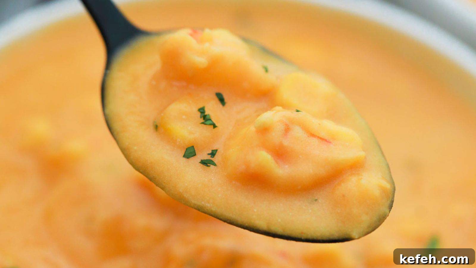 30 Seafood Recipes That Turn Weeknights Into a Vacation 18 A close-up image of a spoonful of creamy shrimp bisque garnished with herbs, hovering above the rest of the soup in a bowl.