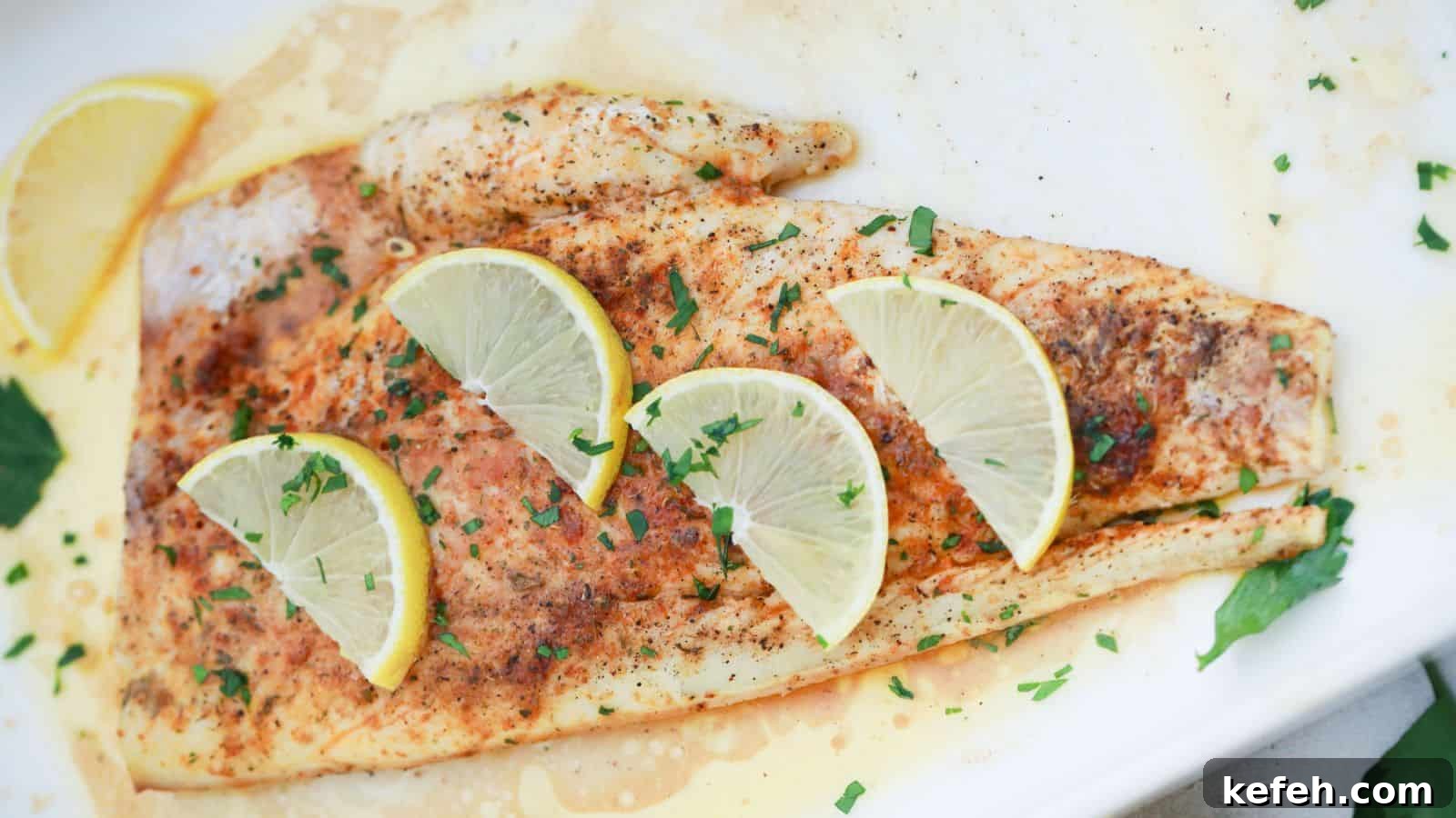 30 Seafood Recipes That Turn Weeknights Into a Vacation 19 Baked lemon butter fish fillet seasoned with herbs and spices, garnished with lemon slices and chopped parsley,.
