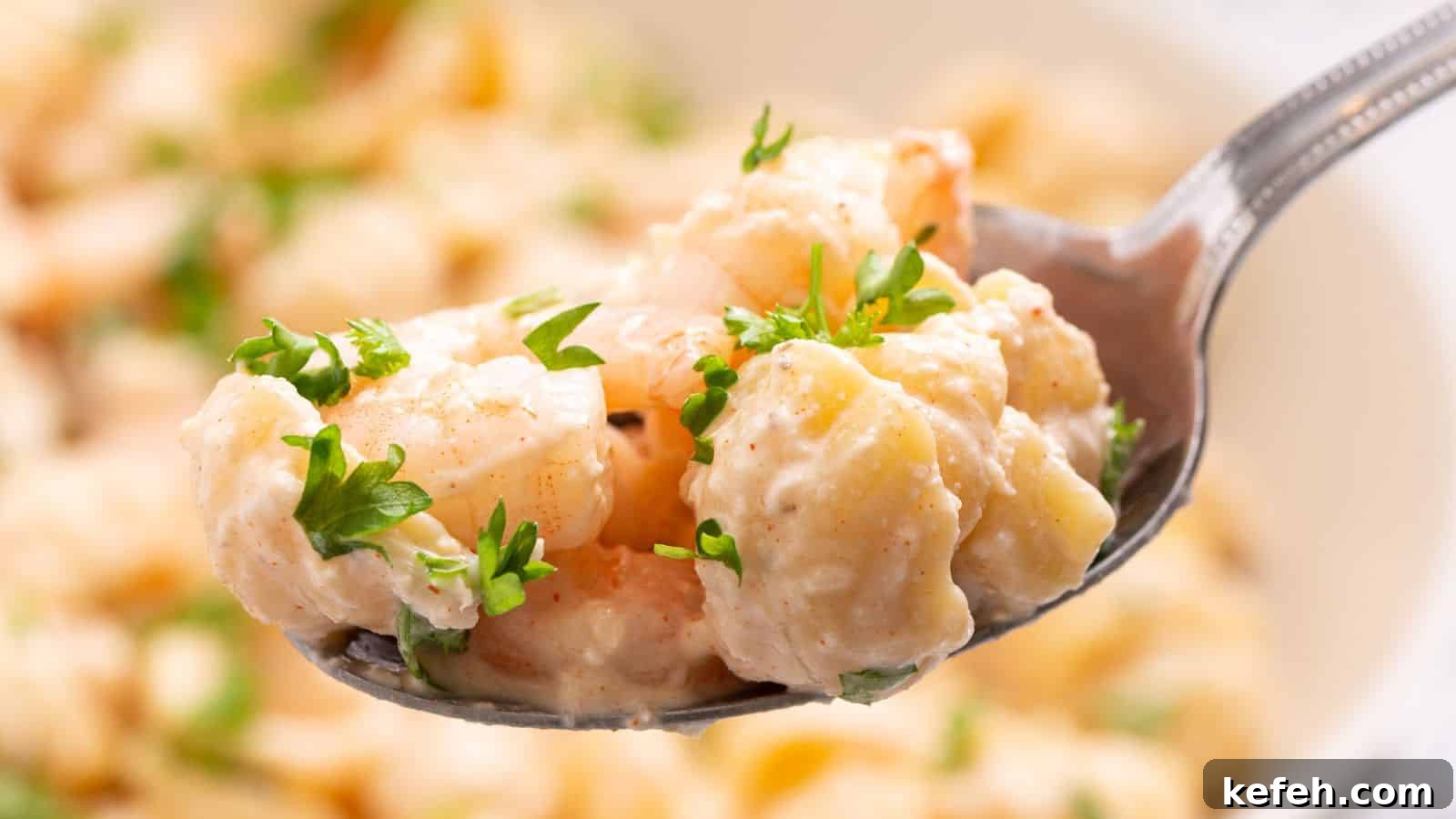30 Seafood Recipes That Turn Weeknights Into a Vacation 20 Close-up of a spoon holding seafood pasta salad garnished with parsley, with more salad in the background.