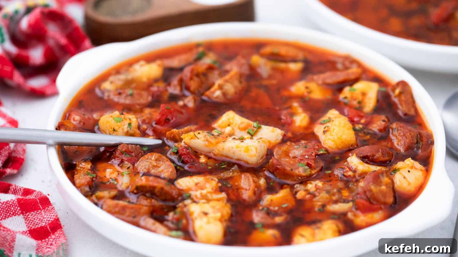 30 Seafood Recipes That Turn Weeknights Into a Vacation 25 A bowl of soup with sausage and fish.