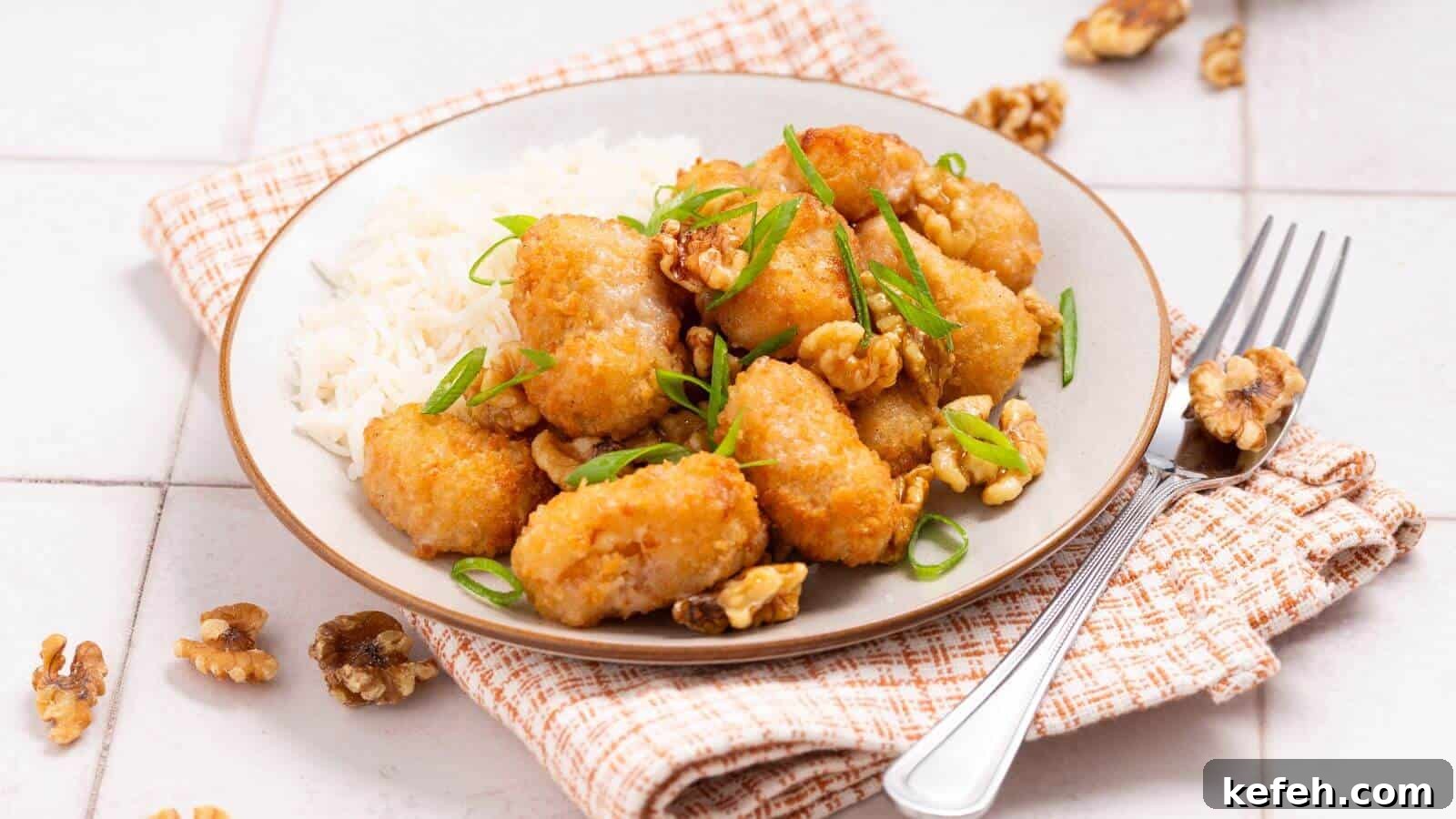 30 Seafood Recipes That Turn Weeknights Into a Vacation 31 Plate of crispy chicken pieces with walnuts and green onions, served next to white rice on a patterned cloth with a fork.