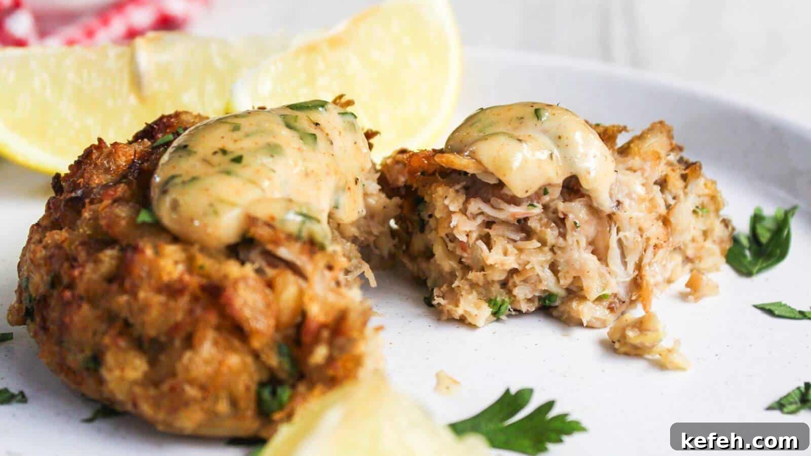 30 Seafood Recipes That Turn Weeknights Into a Vacation 32 Close-up of a crab cake on a plate, topped with creamy sauce, partially cut to show the inside. Lemon wedges and parsley garnishes are nearby.