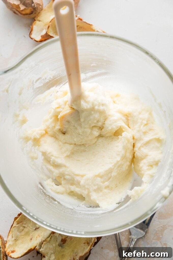 Spatula in the process of folding cream and butter into a large bowl of mashed potatoes.