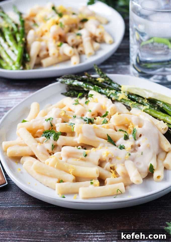 Creamy dairy free white bean sauce over ziti pasta.