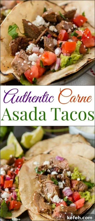 photo collage - Marinated flank steak authentic carne asada tacos on serving plate.