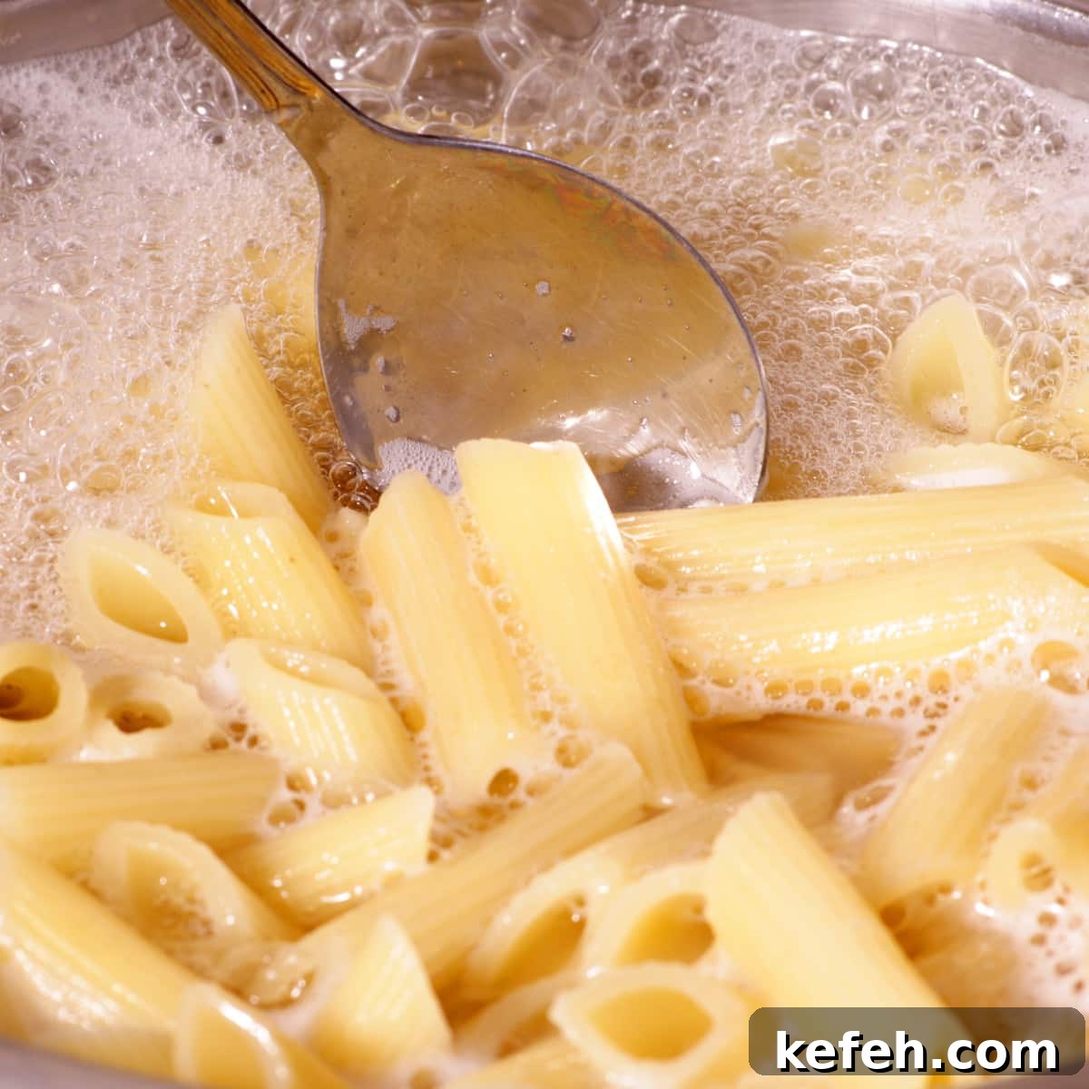 Penne pasta in a stainless steel pot of boiling water with a silver spoon stirring the noodles.