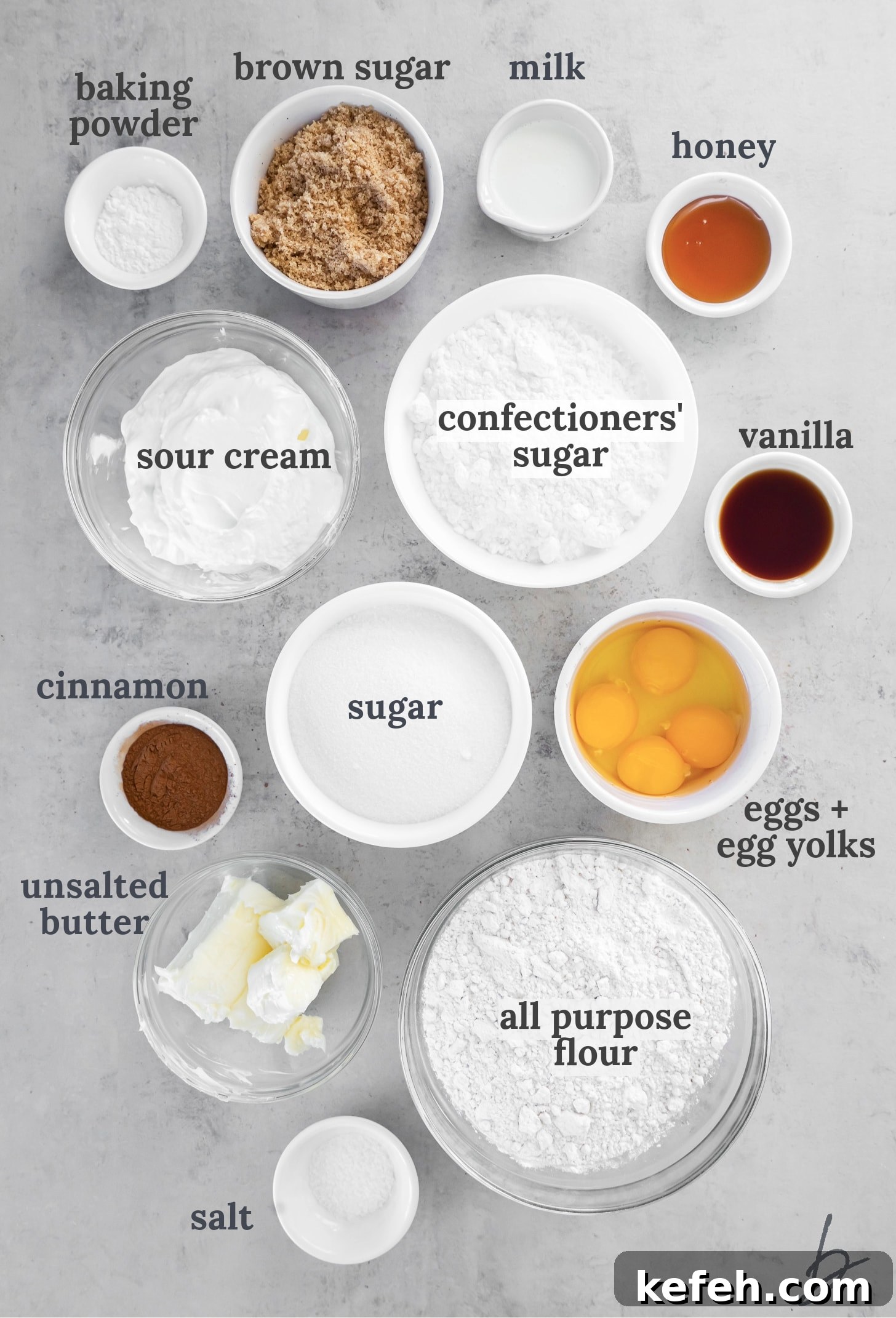 bowls of ingredients to make honey bun cake from scratch.