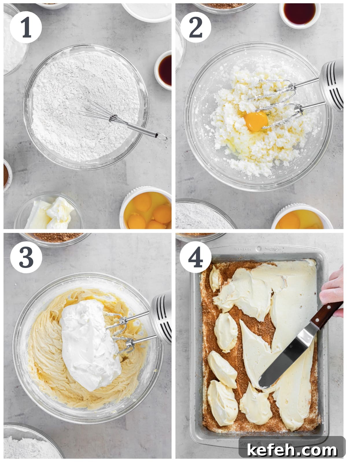 photo collage demonstrating how to make honey bun cake in a mixing bowl and a 9x13 pan.