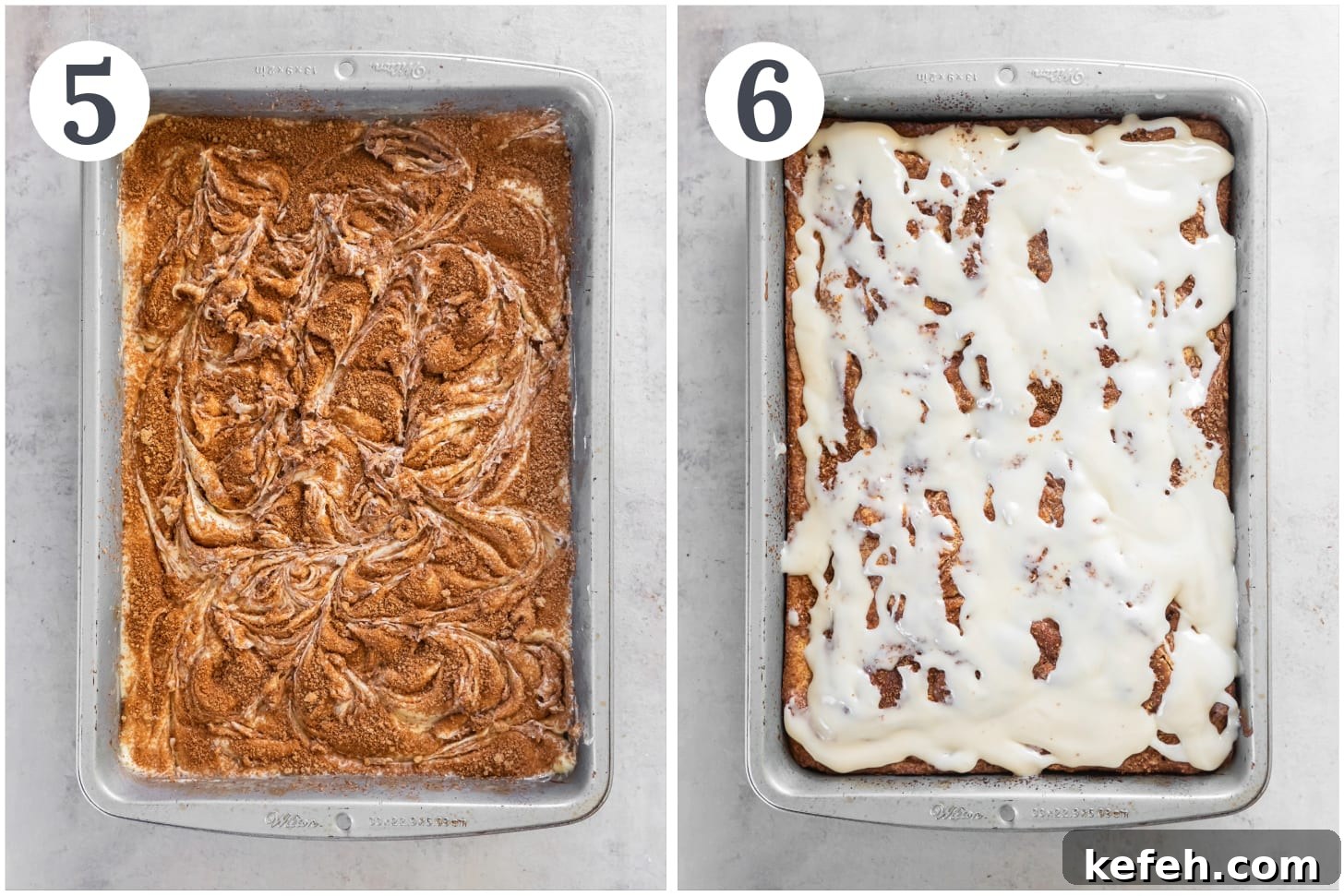 photo collage demonstrating how to swirl cinnamon brown sugar into cake batter and how to make and add glaze to baked honey bun cake.