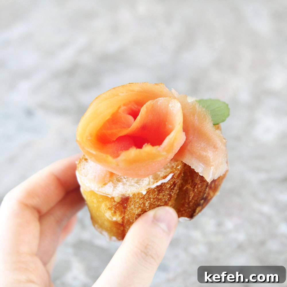 cauliflower cream cheese filled baguette with smoked salmon appetizer