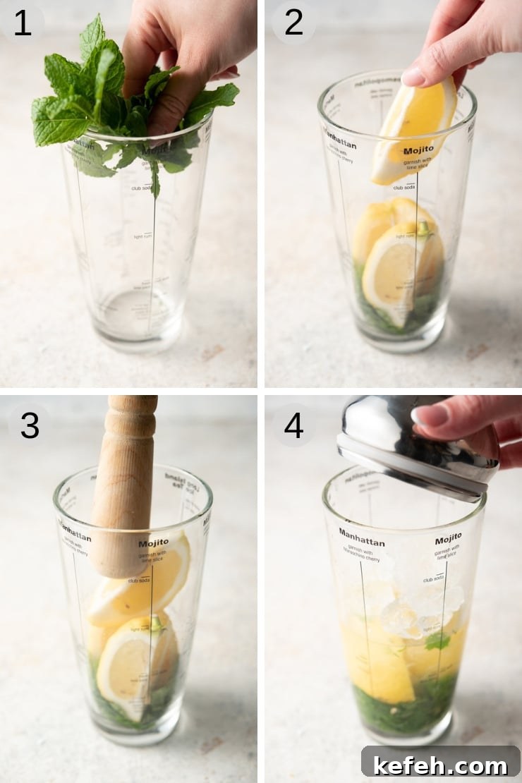 Step by step photos for making a limoncello mojito cocktail